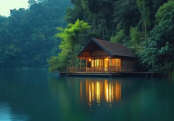 Obraz premium A small wooden house on the water, surrounded by lush green trees and reflecting light off the calm waters. 