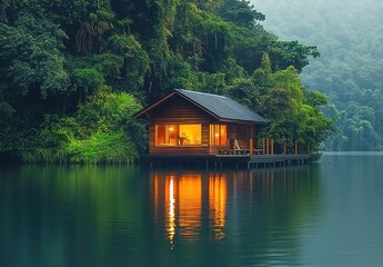Fototapeta premium A small wooden house on the water, surrounded by lush green trees and reflecting light off the calm waters. 