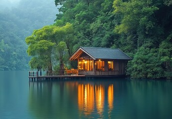 Fototapeta premium A small wooden house on the water, surrounded by lush green trees and reflecting light off the calm waters. 