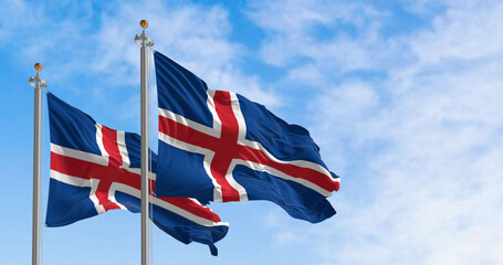 Close-up of Iceland national flags waving