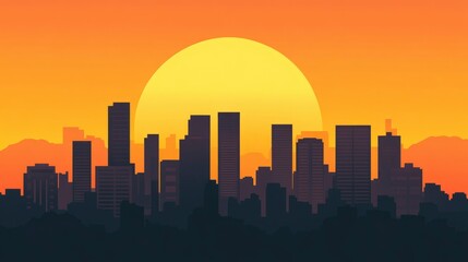 Fototapeta premium Cityscape Silhouette at Sunset Over Mountains