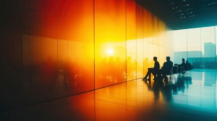 Silhouetted figures seated near a sunset hued wall