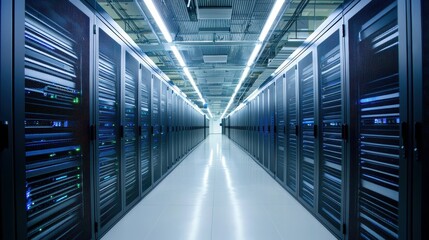 Fototapeta premium Data center operations modern facility technology infrastructure high-tech environment perspective on efficiency