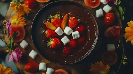 A top view of a rich chocolate fondue with fruits and marshmallows for dipping