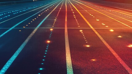 A top view of a running track with glowing fitness milestones marked on it