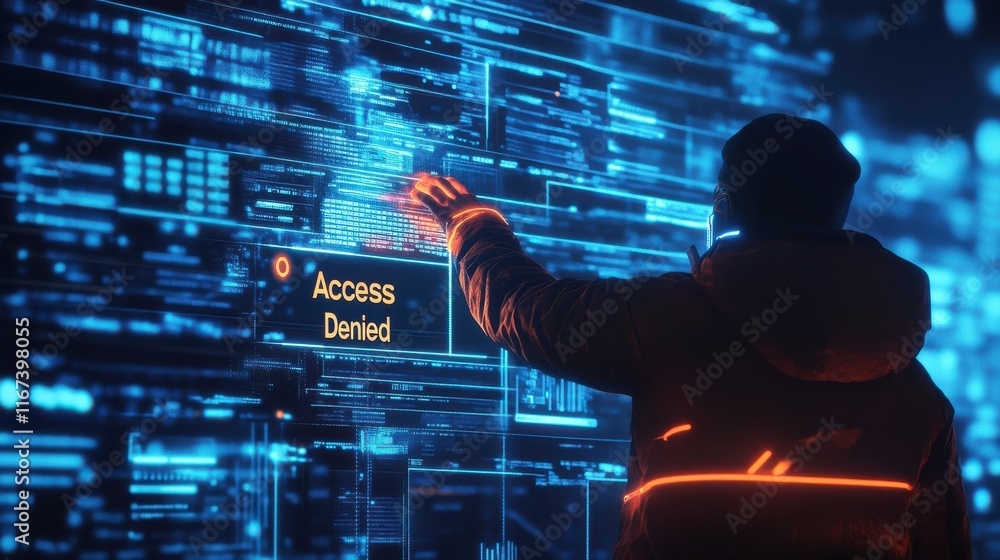 Poster person touching digital screen showing access denied message