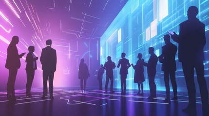 Silhouetted Business Professionals in a Futuristic Digital Space