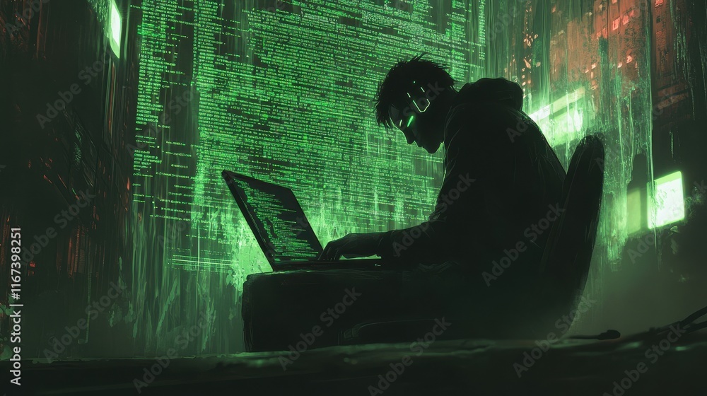 Aufkleber hacker silhouette with laptop and digital code in dark environment
