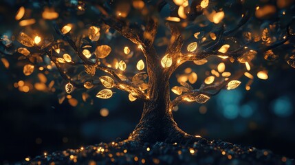 A tree with glowing leaves, each leaf representing a different culture