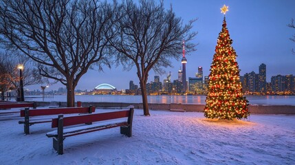 Snowy Toronto waterfront park Christmas tree at twilight.