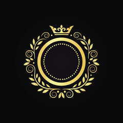 Elegant Golden Royal Frame with Crown Design on Black Background  
