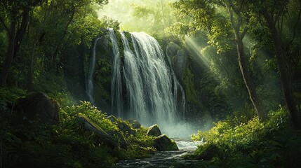 A serene waterfall in a lush green forest, symbolizing natural resources
