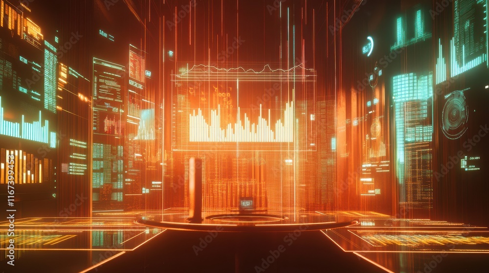 Poster futuristic data visualization with neon graphics and digital panels