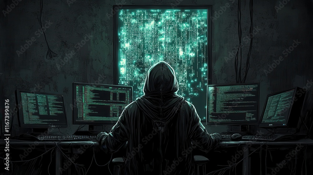 Poster mysterious hooded figure working with multiple computer monitors
