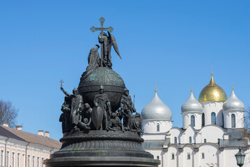 The upper tier of the Millennium of Russia monument and the domes of the Hagia Sophia Cathedral on...