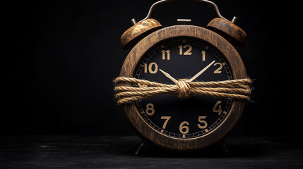 A vintage wooden alarm clock is bound with rope, symbolizing constraints on time. It sits on a dark...