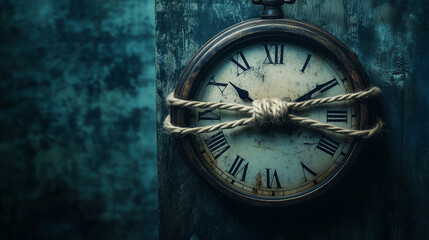 A vintage clock with Roman numerals is tied with a rope, highlighting themes of time and restraint. The weathered wooden background enhances the old-world charm.