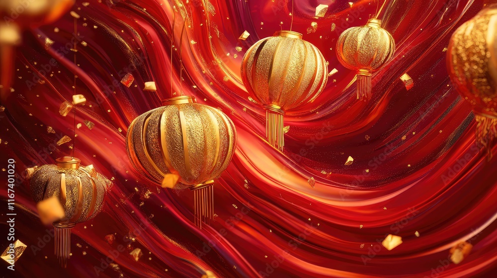 Poster abstract chinese new year poster with shimmering gold elements like ingots and lanterns, surrounded 