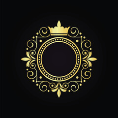 Intricate Golden Crown Frame Design with Ornamental Details on Black Background  
