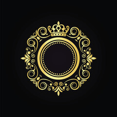 Elegant Golden Ornamental Frame Design with a Royal Crown on Black Background  
