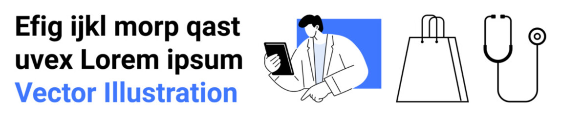 Monochrome vector art of professional examining tablet with blue background. Includes shopping bag and stethoscope. Ideal for business, healthcare, shopping, analysis, commerce, modern lifestyle