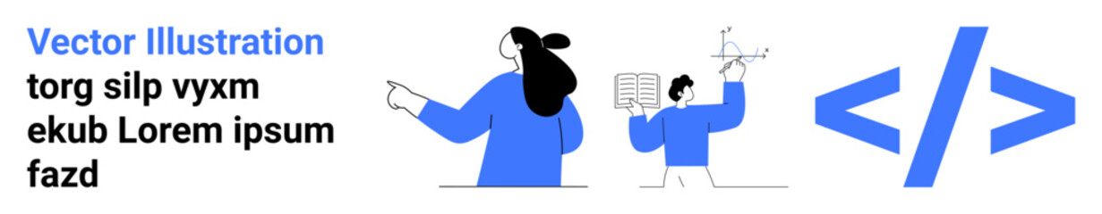 Two individuals involved in project planning and development, coding symbols, and placeholder text. Ideal for teamwork, project management, software development, education, presentation, web design