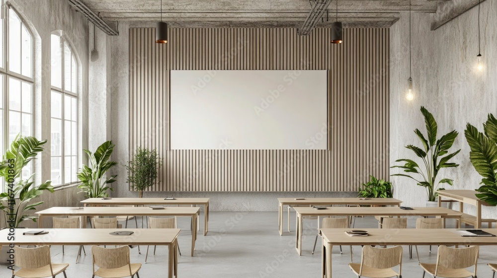 Poster modern classroom design with wooden tables and a large blank canvas