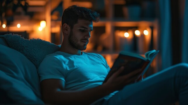 Young Man Relaxing Reading Book Nighttime