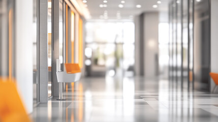 Modern office interior with bright seating and polished floors in an open corridor