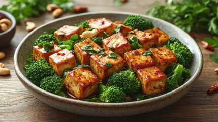 Tofu and broccoli dish garnished with herbs and spices
