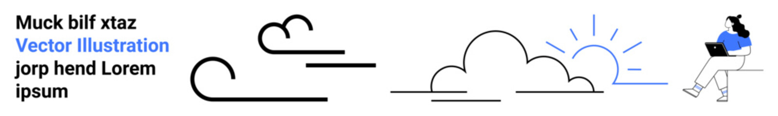 Blue and black clouds, simple straight lines, sunrise, and a girl with a laptop. Ideal for calm, relaxation, nature, work-life balance, outdoor activities, minimalism, and technology themes. Landing