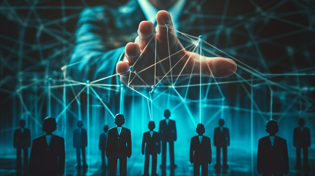 Hand in business suit holding string connecting to people, showcasing manipulation, pressure and control of society. Contemporary art. Propaganda, information, social pressure. Creative design