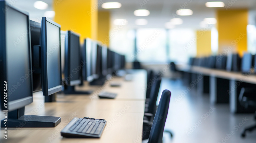 Aufkleber modern office workspace with multiple computer stations arranged in a bright environment