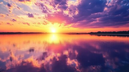Fototapeta premium A vibrant sunset reflecting on a calm body of water.