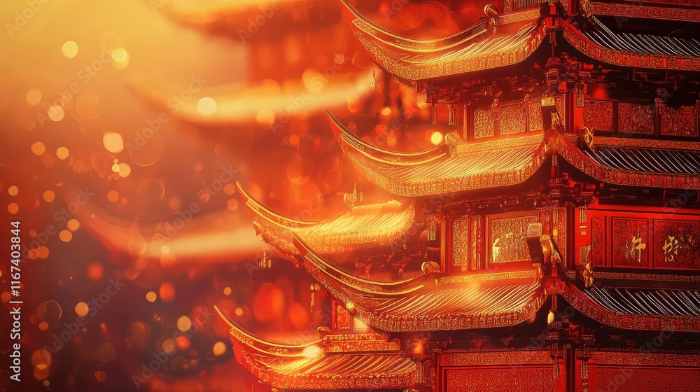 Poster abstract chinese temple design featuring layered red and gold structures with intricate patterns and