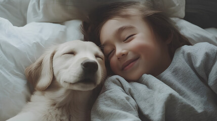 Obraz premium A joyful child lies next to a golden retriever puppy on a fluffy blanket. They share a moment of warmth, both appearing content and happy in their cozy surroundings.