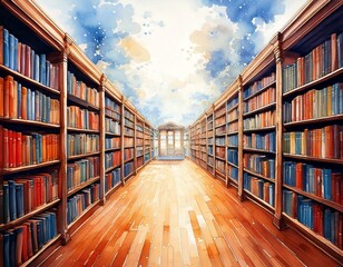 A watercolor library with endless shelves stretching into a dreamy horizon with empty copy space