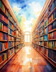 A watercolor library with endless shelves stretching into a dreamy horizon with empty copy space