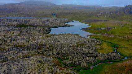 Aerial view of Selvallafoss  waterfall nature area, located along the country's main ring road close to the Snaefellsness Peninsula, Iceland. 