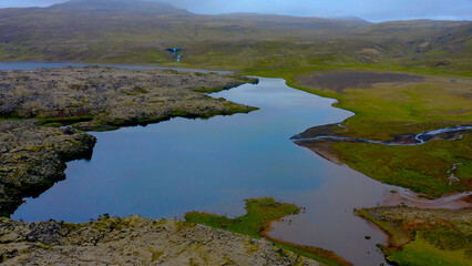Aerial view of Selvallafoss  waterfall nature area, located along the country's main ring road close to the Snaefellsness Peninsula, Iceland. 