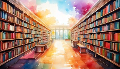 A watercolor library with endless shelves stretching into a dreamy horizon with empty copy space