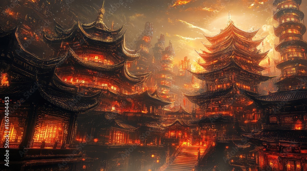 Poster abstract chinese temple design featuring layered red and gold structures with intricate patterns and