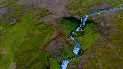 Aerial view of Selvallafoss  waterfall nature area, located along the country's main ring road close to the Snaefellsness Peninsula, Iceland. 