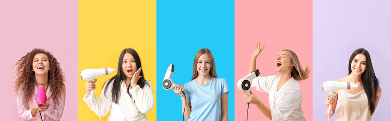 Set of young women with hair dryers on color background