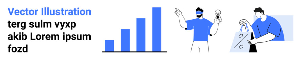 Bar chart showing growth data, man generating ideas with light bulb, woman shopping and holding a bag. Ideal for business growth, creativity, shopping, sales, planning strategy success. Landing