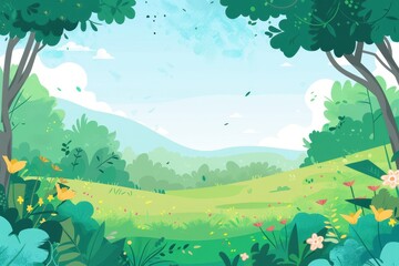 Fototapeta premium A Vibrant Green Meadow Surrounded by Lush Trees Against a Blue Sky