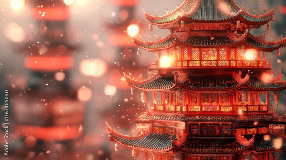Poster abstract chinese temple design featuring layered red and gold structures with intricate patterns and