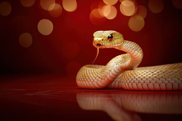 Fototapeta premium Chinese New Year 2025, A striking close-up of a snake with a vibrant background, showcasing its scaled texture and flickering tongue, evoking a sense of intrigue and beauty.
