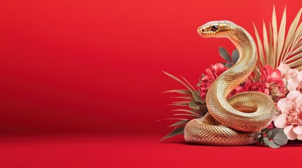 Obraz premium Chinese New Year 2025, A golden snake is elegantly positioned among vibrant flowers against a bold red background, creating a striking visual contrast.