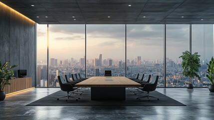 Fototapeta premium minimalist open-plan office interior, featuring floor-to-ceiling windows overlooking a modern city